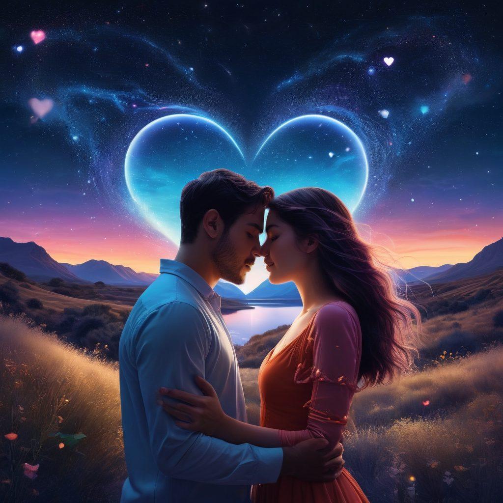 A surreal digital landscape showcasing diverse couples connecting through glowing interactive screens, embodying passion and intimacy. Soft ethereal light surrounds them, highlighting their expressions of desire. Incorporate elements of social media icons, hearts, and flowing lines symbolizing connection. The background features a starry night sky to evoke a sense of wonder and exploration. vibrant colors. super-realistic.